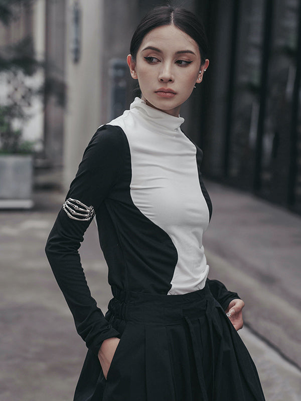 xakxx Urban Skinny Long Sleeves Contrast Color Asymmetric Split-Joint High-Neck T-Shirts Tops