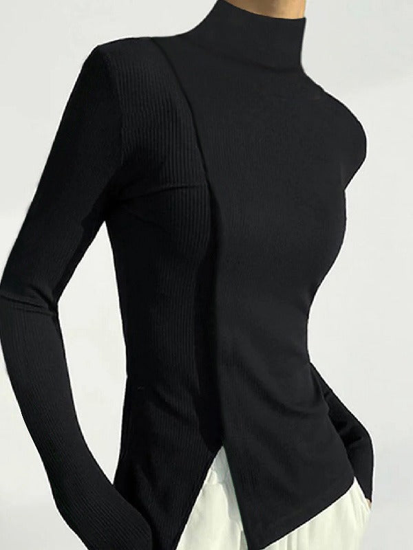 xakxx Skinny Solid Color Split-Joint High Neck T-shirts