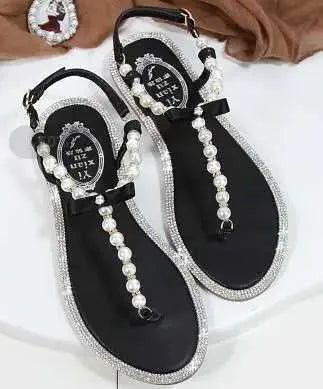 Sandals Women sandals new summer shoes flat pearl sandals comfortable string bead beach slippers casual sandals pink white blackL464