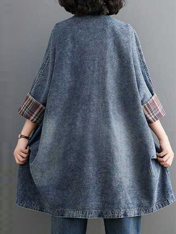 xakxx Long Sleeves Loose Buttoned Plaid Pockets Split-Joint V-Neck Denim Outerwear