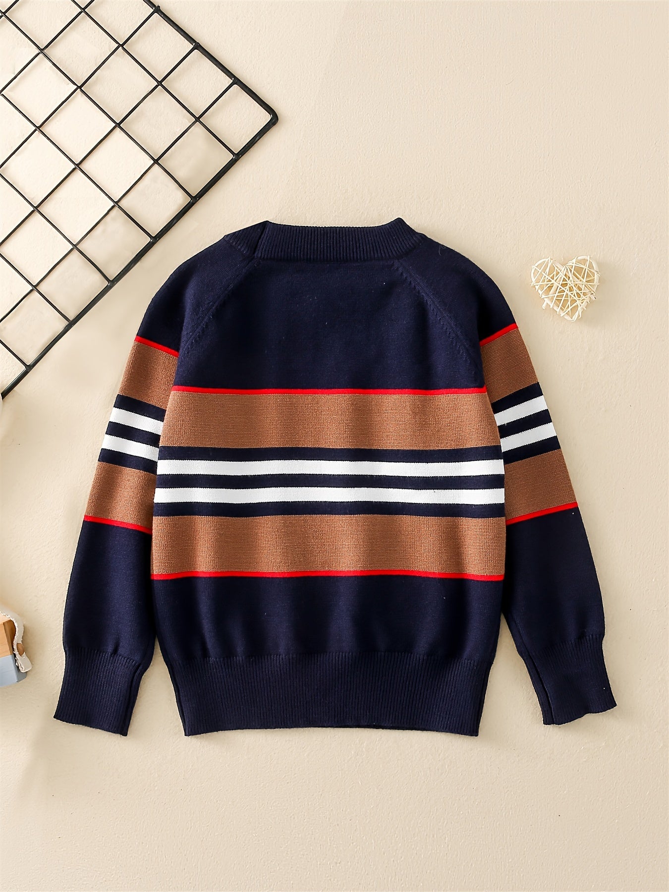 Baby's Casual Color Block Pattern Sweater, Knitted Long Sleeve Top, Toddler & Infant Boy's Clothing For Fall Winter
