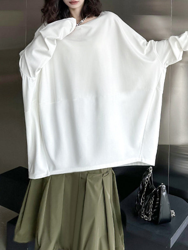 xakxx Batwing Sleeves Long Sleeves Solid Color Round-Neck T-Shirts Tops