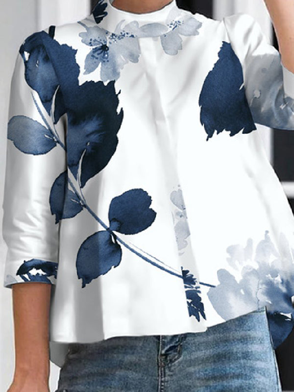 xakxx Three-Quarter Sleeves Floral Printed Stand Collar Blouses&Shirts Tops