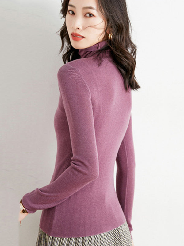 xakxx Simple Skinny Long Sleeves Solid Color High-Neck Sweater Tops Pullovers