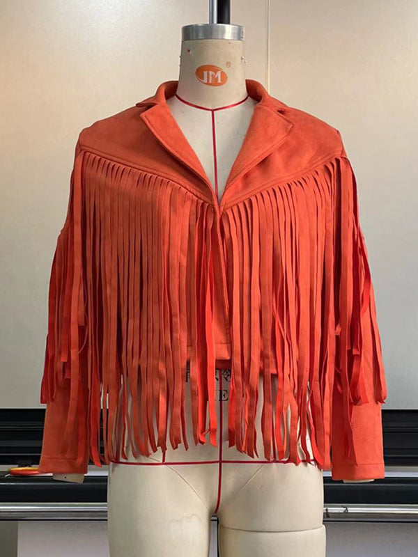 xakxx Long Sleeves Solid Color Split-Joint Tasseled Notched Collar Jackets
