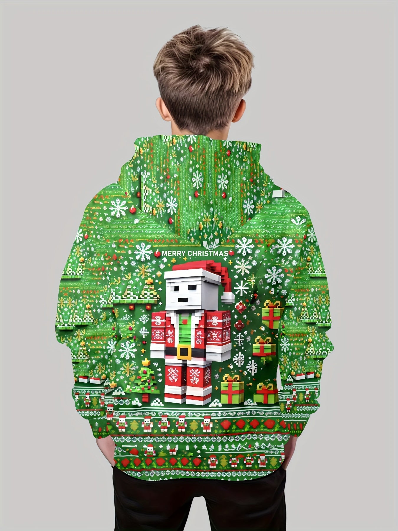 Boy's 3D Printed Christmas Toy Brick Santa Claus Hoodie, Spring Autumn Winter Long Sleeve Hooded Sweatshirt With Pocket, Outdoor Casual Top