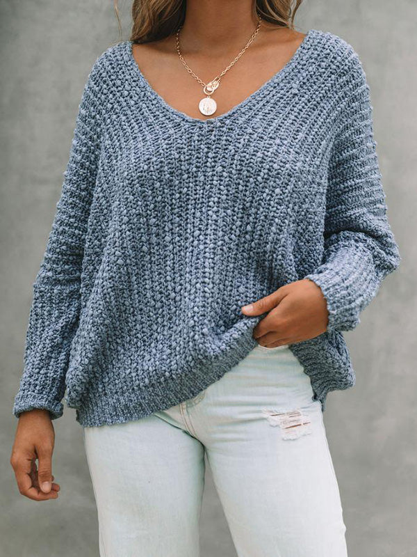 xakxx Long Sleeves Loose Solid Color V-Neck Knitwear Pullovers Sweater Tops