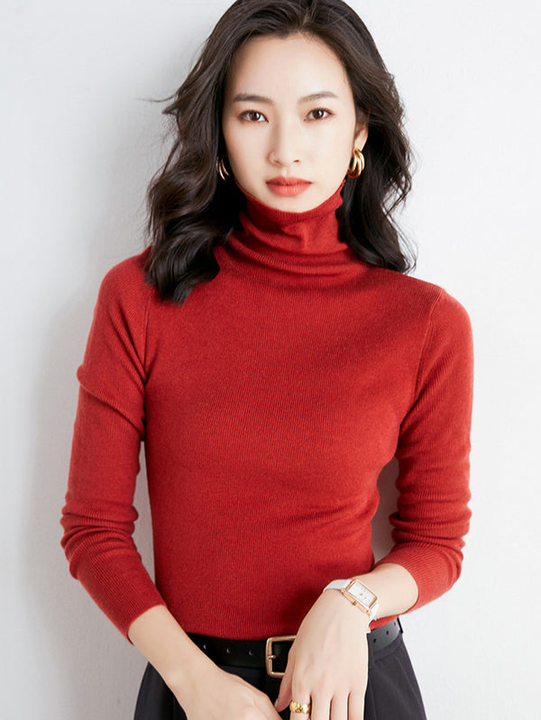xakxx Simple Skinny Long Sleeves Solid Color High-Neck Sweater Tops Pullovers