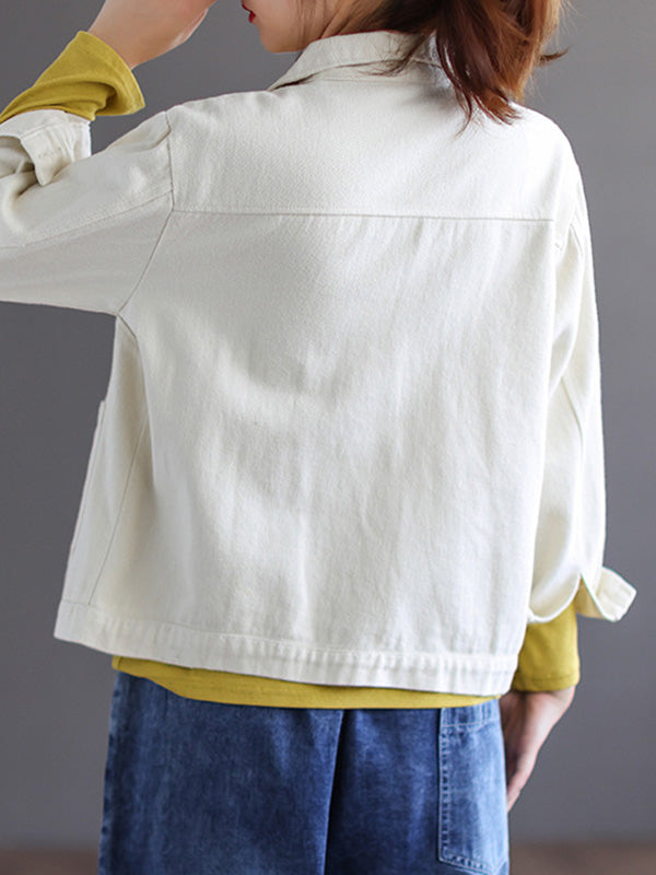 xakxx Vintage Loose Long Sleeves Buttoned Solid Color Lapel Collar Outerwear