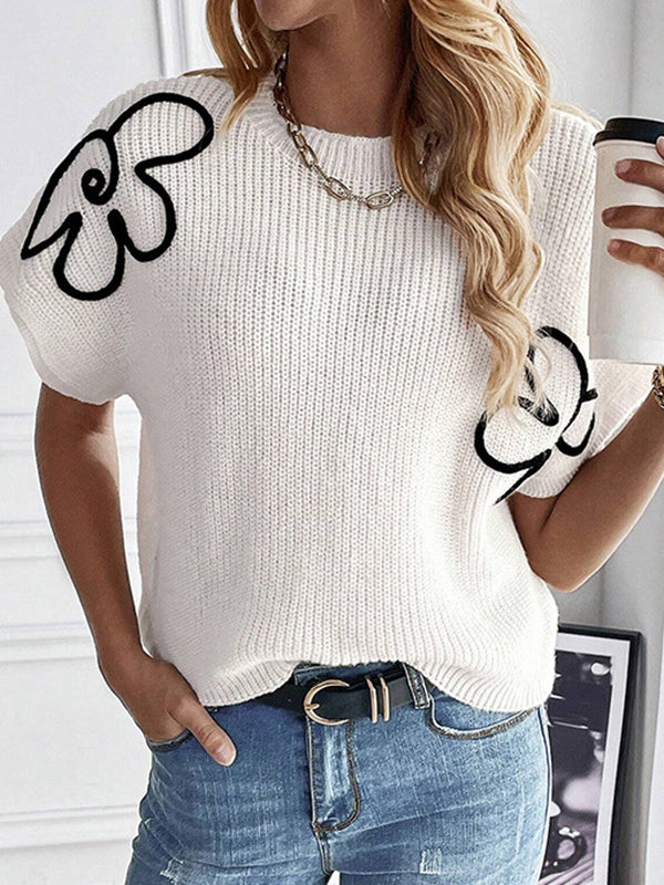 xakxx Loose Short Sleeves Knitted Flower Round-Neck Pullovers Sweater Tops