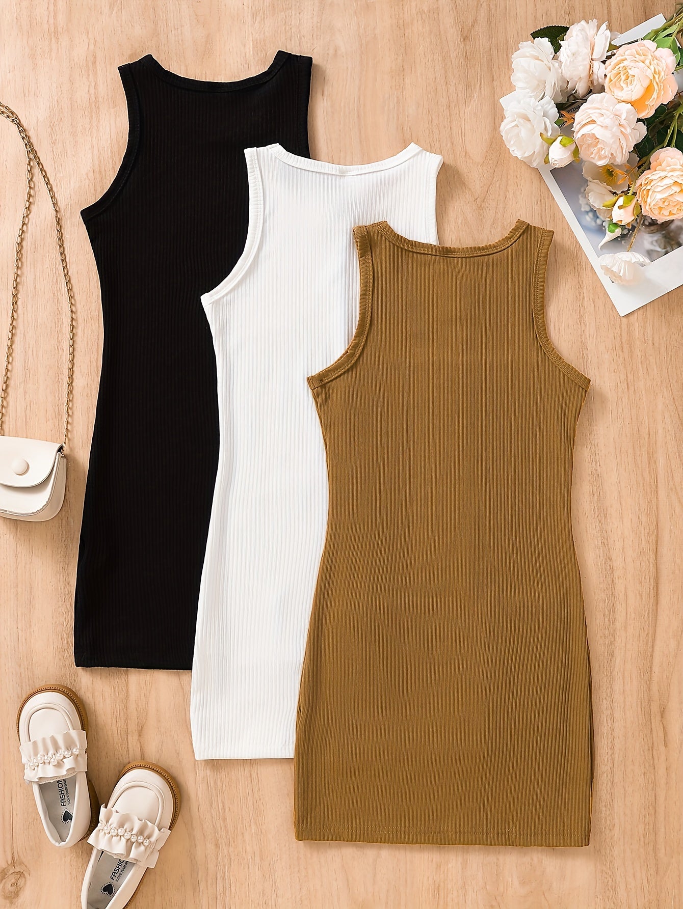 Adorable Girls 3-Pack Sleeveless Rib Knit Dresses - Solid Color Bodycon Designs for a Flattering Fit - Perfect Versatile Summer Wardrobe Essentials