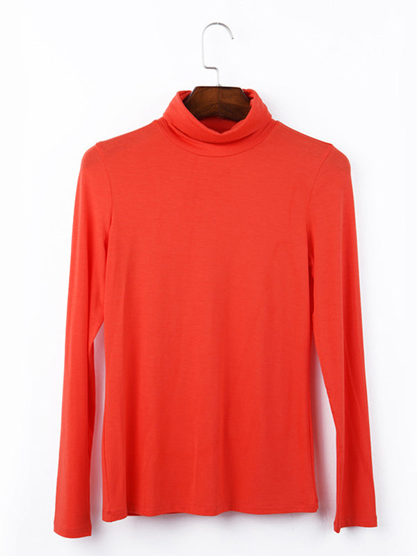 xakxx Simple Long Sleeves Skinny Solid Color High-Neck T-Shirts