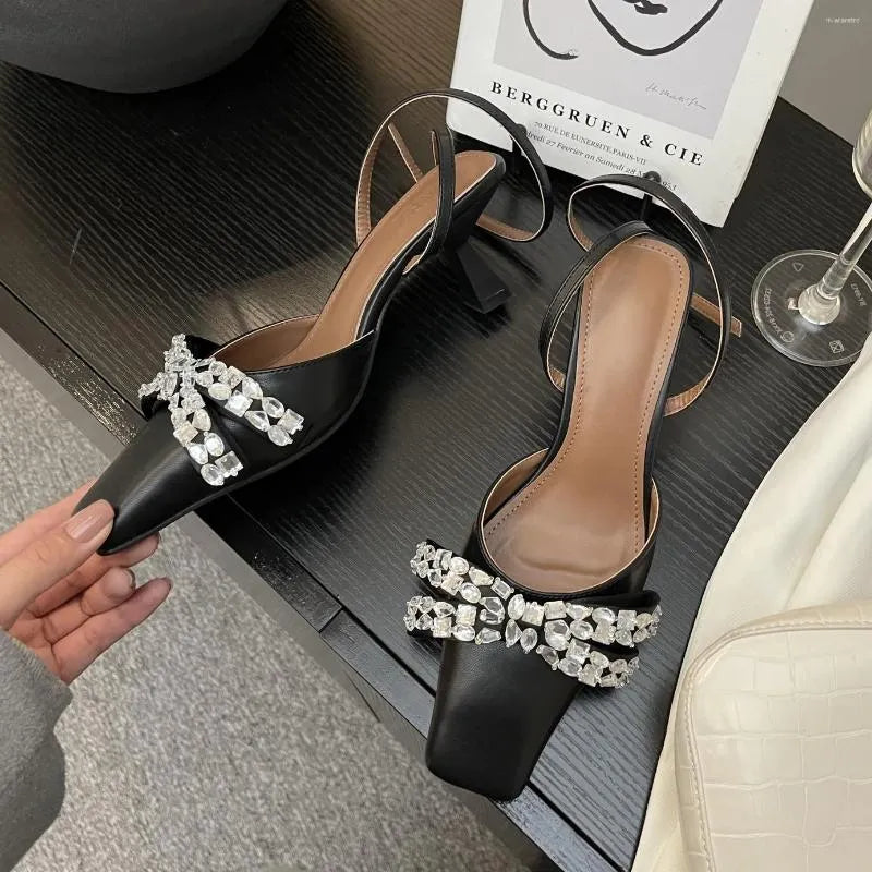 Dress Shoes Rhinestone Bow High Heeled Sandals Women Ankle Straps Low Heel Square Headed Pumps Sandalias Mujer