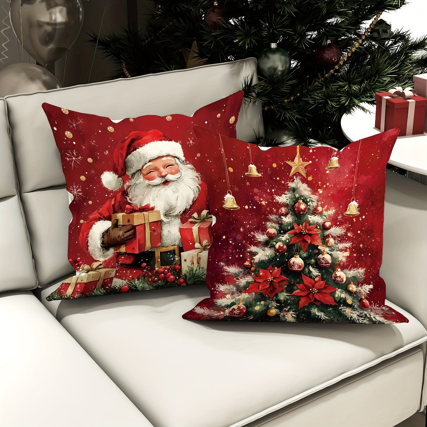 4pcs Set Christmas Velvet Throw Pillow Covers - Santa, Snowman & Tree Designs | Soft & Cozy Red & Green Decorative Cushion Cases for Living Room & Bedroom | 18x18 Inches | Zip Closure
