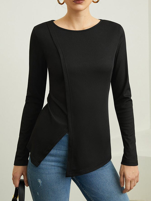 xakxx Skinny Solid Color Split-Joint Split-side Round-neck T-shirts