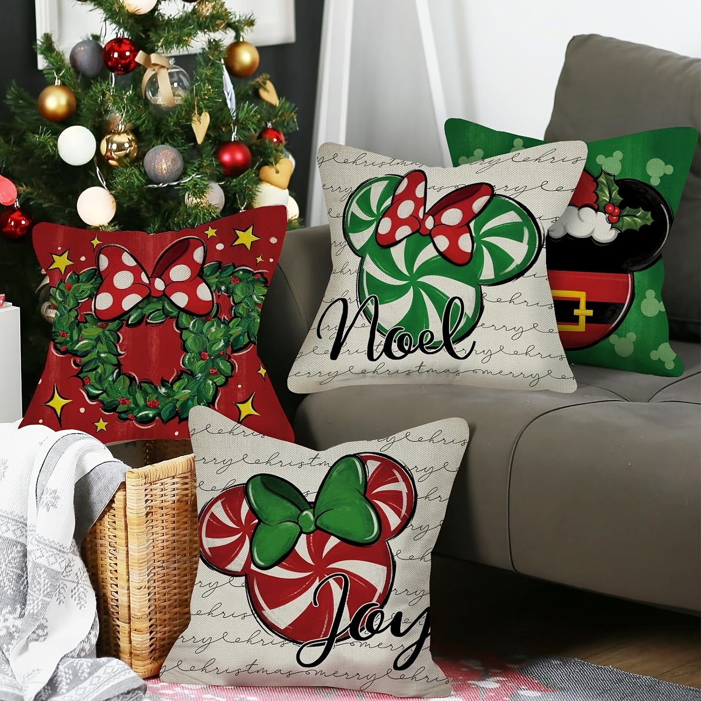 4-Piece Merry Christmas Mouse Decorative Throw Pillow Cases, 18 x 18 inches, Linen Blend, Contemporary Style, Machine Washable, Zipper Closure