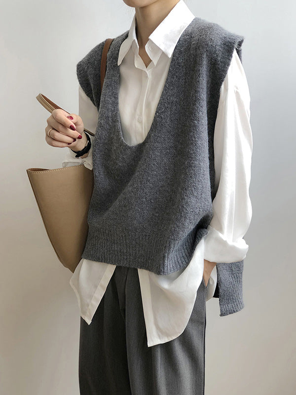 xakxx Knitting Irregularity Solid V-Neck Vest