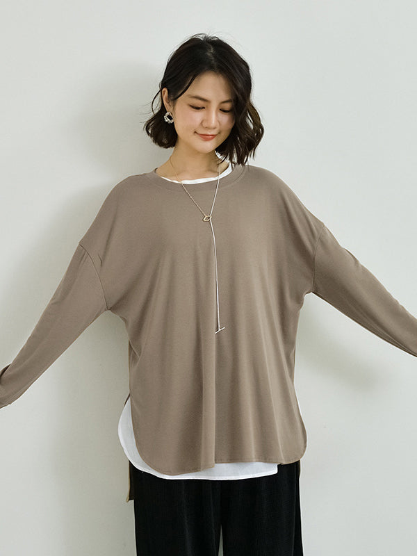 xakxx Simple Long Sleeves Loose Split-Side Solid Color Round-Neck T-Shirts Tops