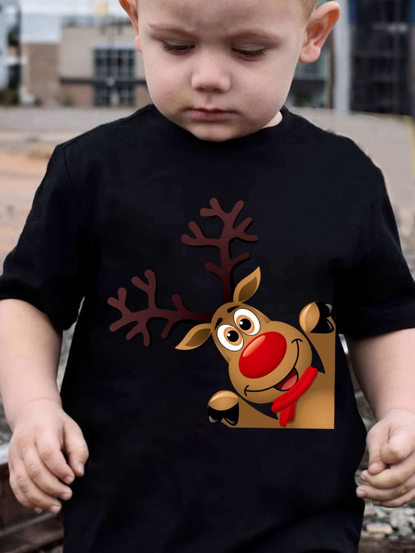 Boys' Summer Fashion T-Shirt with Cute Reindeer Print - Casual Short Sleeve, Polyester, Christmas Theme