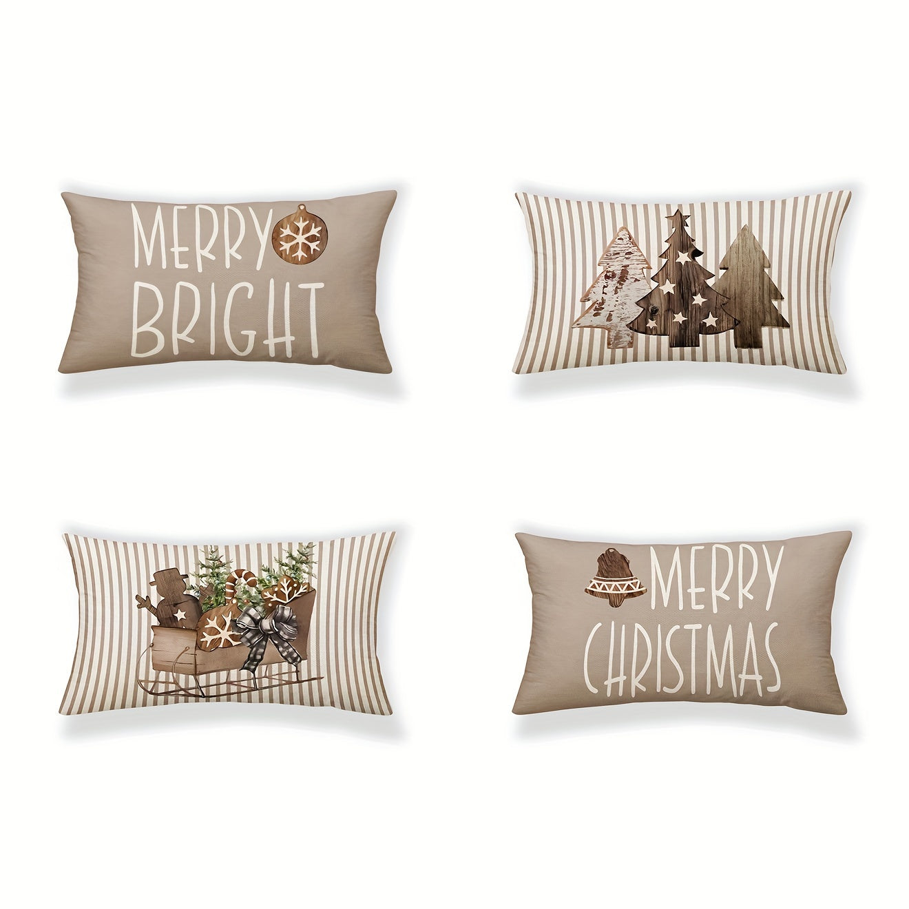 4 PCS Merry Christmas Blessings Throw Pillow Covers - Warm Curry Striped Vintage Woodgrain Sleigh Christmas Tree Design, Holiday Party Home Decor, Soft and Cozy, 18x18 inches (45x45 cm) - Pillow Inserts Not Included, Perfect for Indoor and Outdoor Decorat