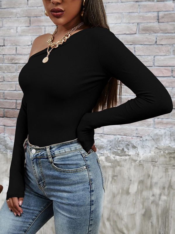 xakxx Long Sleeves Skinny Solid Color One-Shoulder T-Shirts Tops