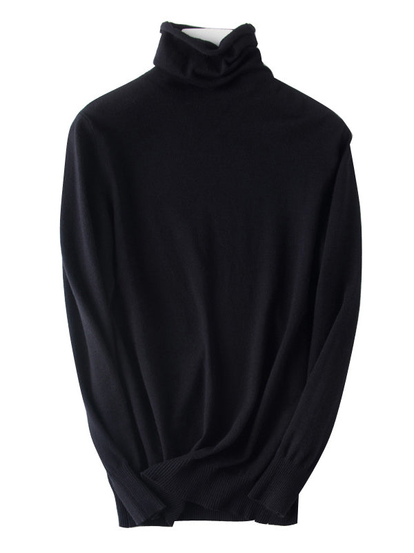 xakxx Simple Loose Long Sleeves Solid Color High-Neck Sweater Tops