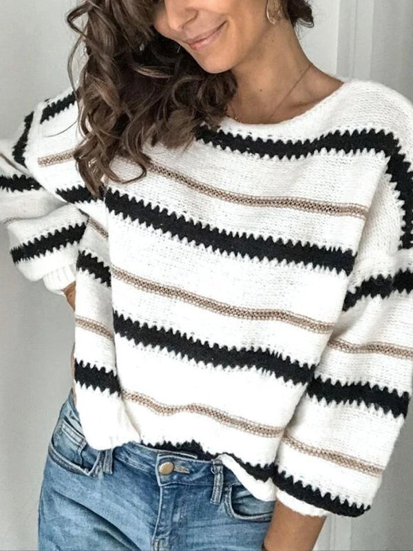xakxx Long Sleeves Loose Striped Round-Neck Knitwear Pullovers Sweater Tops