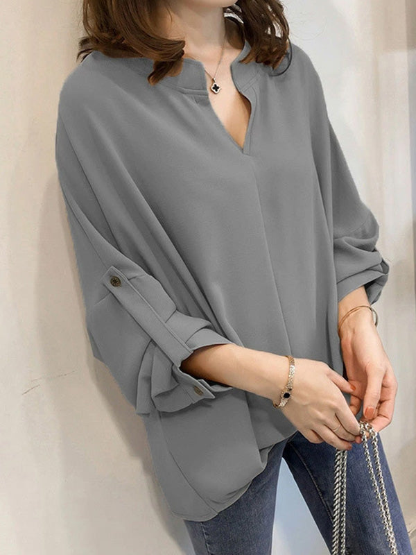 xakxx Casual Long Sleeves Loose Solid Color V-Neck Blouses&Shirts Tops