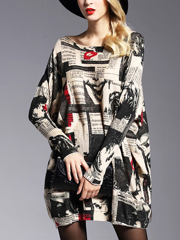 xakxx Long Sleeves Loose Letter Print Printed Round-Neck Knitwear Pullovers Sweater Tops