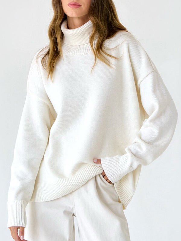 xakxx Long Sleeves Loose Solid Color High Neck Knitwear Pullovers Sweater Tops