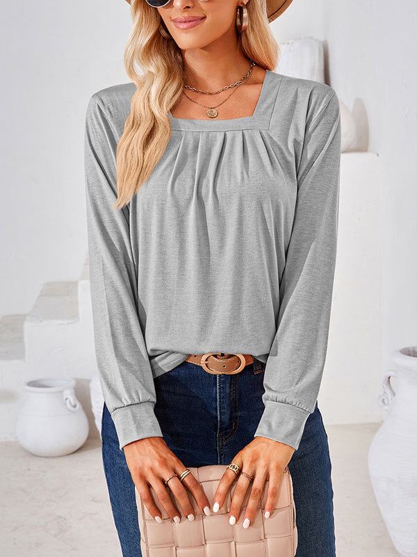 xakxx Long Sleeves Loose Pleated Solid Color Square-Neck T-Shirts Tops