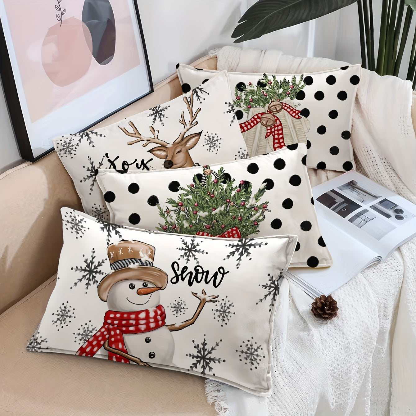 Set of 4 Festive Christmas Throw Pillow Covers - Reversible, Machine Washable, Woven Polyester, Zipper Closure, Contemporary Style - Perfect for Home Decor, Holiday Season, 17.7" and 15.7" Square, Snowman Reindeer Designs