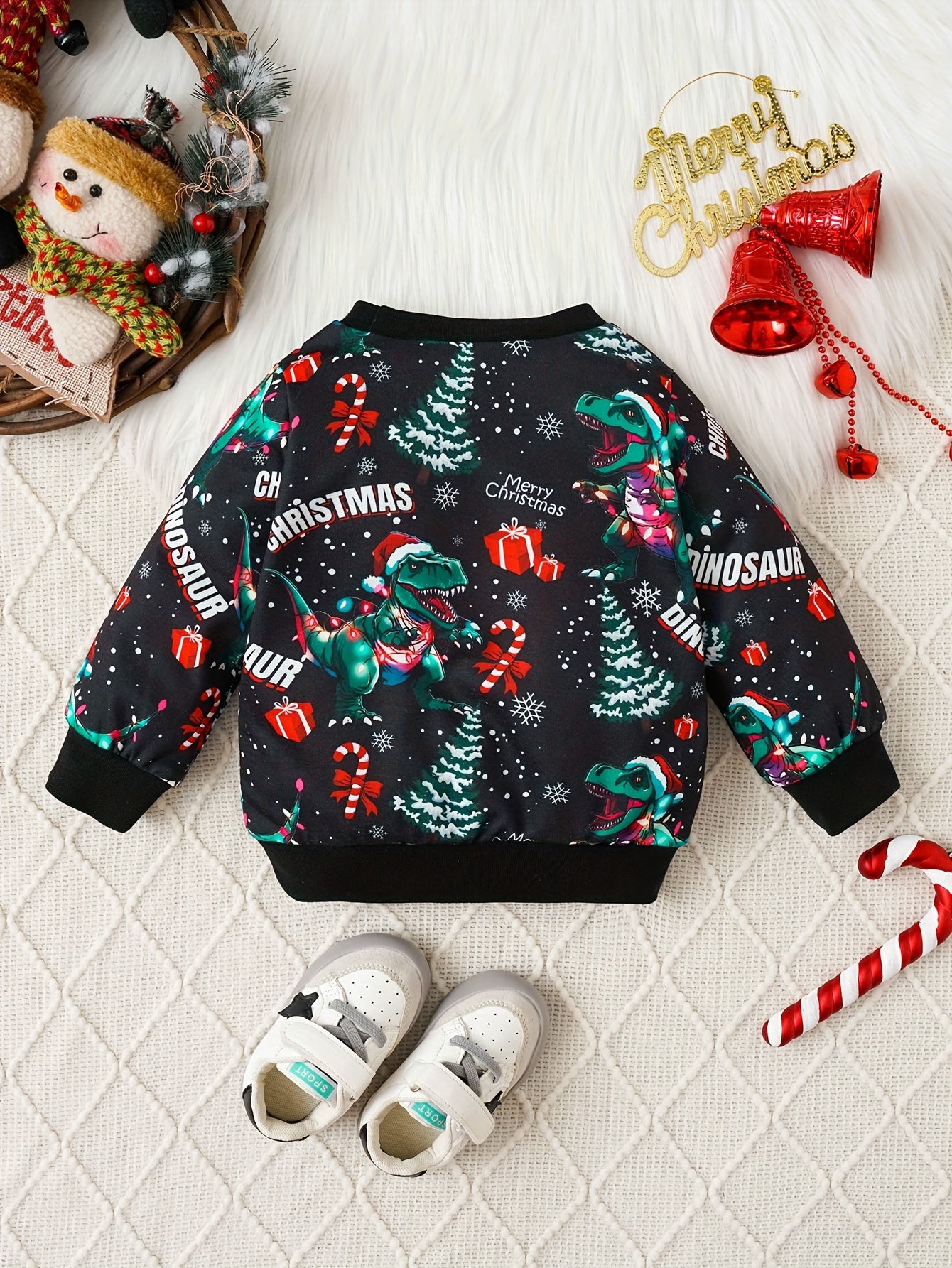 Cute Trendy Christmas Dinosaur Cartoon Graphic Boys Casual T-shirt, Baby's Long Sleeve Creative Graphic Tees Top