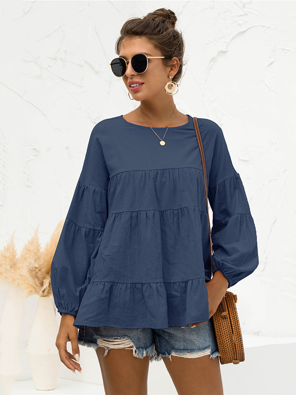 xakxx Casual Long Sleeves Puff Sleeves Solid Color Round-Neck T-Shirts Tops