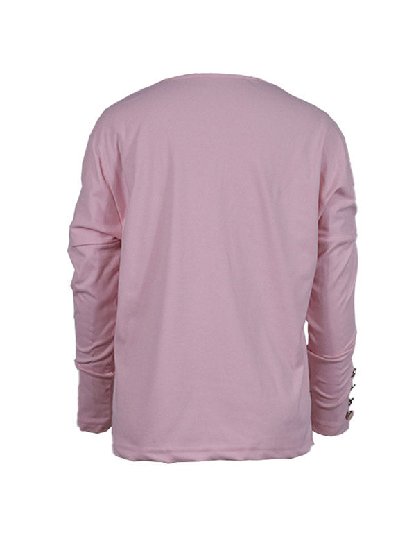 xakxx Long Sleeves Loose Buttoned V-Neck T-Shirts Tops