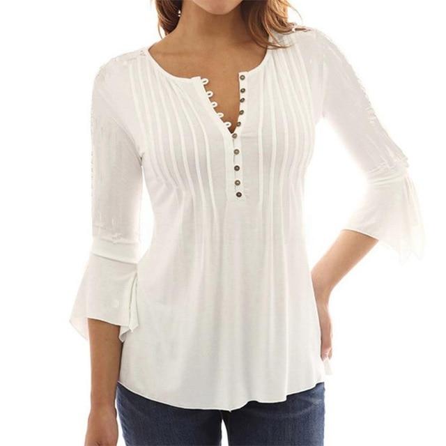 Xakxx - Women Elegant Ruffles Tops Plus Size Flare Sleeve Solid Casual Loose Shirt Blouse
