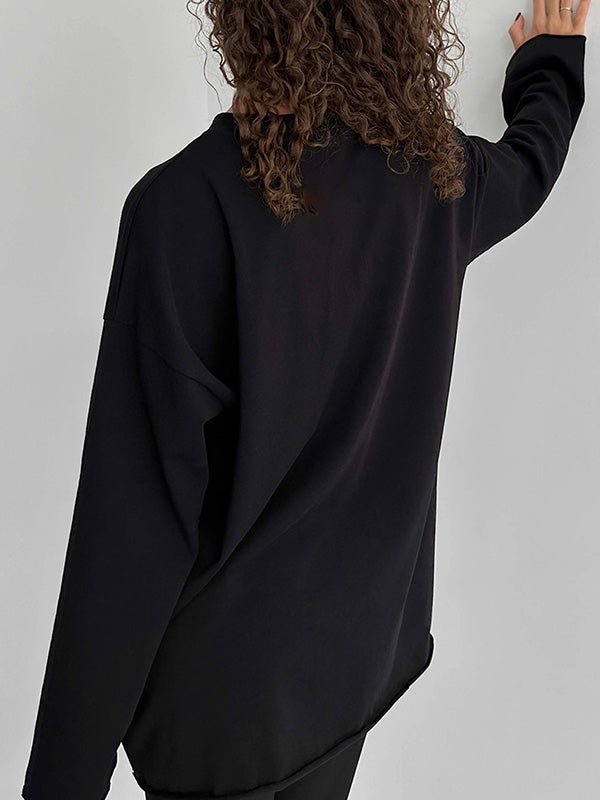 xakxx Long Sleeves Loose Solid Color Round-Neck T-Shirts Tops