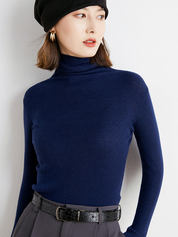 xakxx Simple Skinny Long Sleeves Solid Color High-Neck Sweater Tops Pullovers