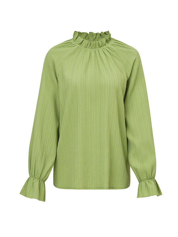 xakxx Long Sleeves Ruffle Sleeves Elasticity Ruffled Solid Color Mock Neck T-Shirts Tops
