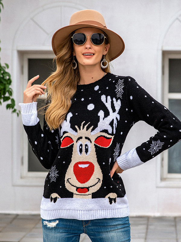 xakxx Casual Loose Long Sleeves Printed Round-Neck Sweater Tops