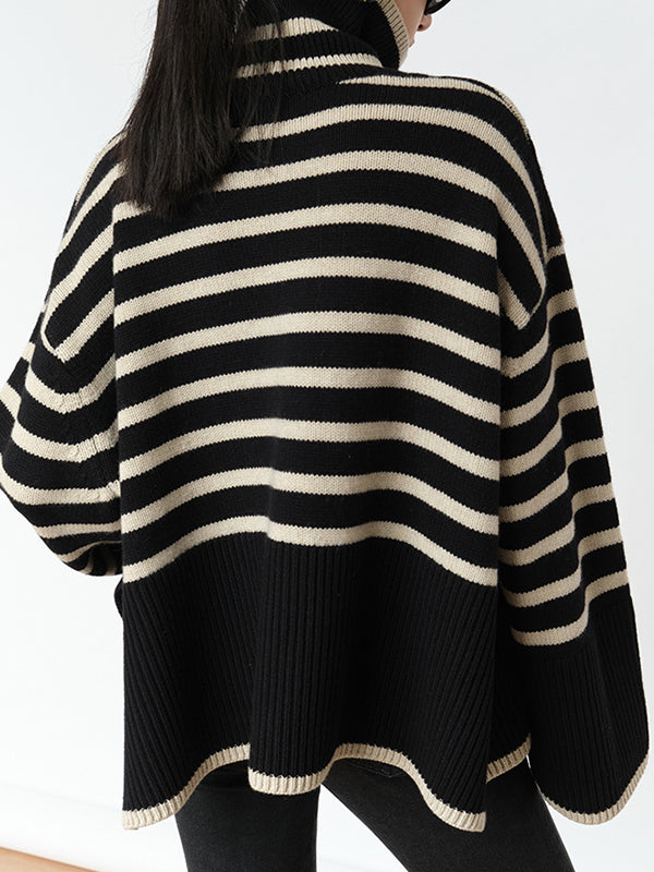 xakxx Long Sleeves Loose Contrast Color Split-Joint Split-Side Striped High Neck Sweater Tops