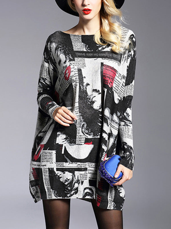 xakxx Long Sleeves Loose Letter Print Printed Round-Neck Knitwear Pullovers Sweater Tops