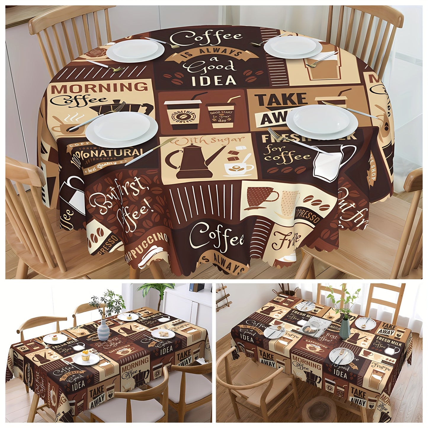 1pc Vintage Coffee Pattern Tablecloth - Stain Resistant, Waterproof, Edge Embossing Craft, No Pleated, Printed Table Cover for Home Decor, Easy to Clean, and Durable