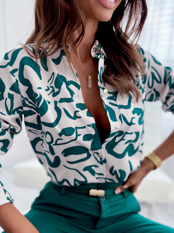 xakxx Long Sleeves Loose Printed Lapel Blouses