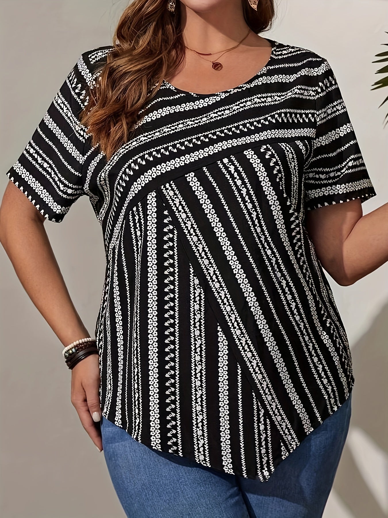 Plus Size Elegant Floral Print Crew Neck Blouse - Soft Slight Stretch Fabric, Relaxed Fit, Short Sleeve, Weekend Casual Wear for Spring, Summer, and Fall - Womens Oversized Shirting with Random Printing