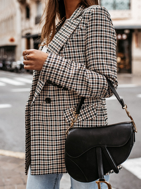 xakxx Long Sleeves Loose Buttoned Houndstooth Notched Collar Blazer Outerwear