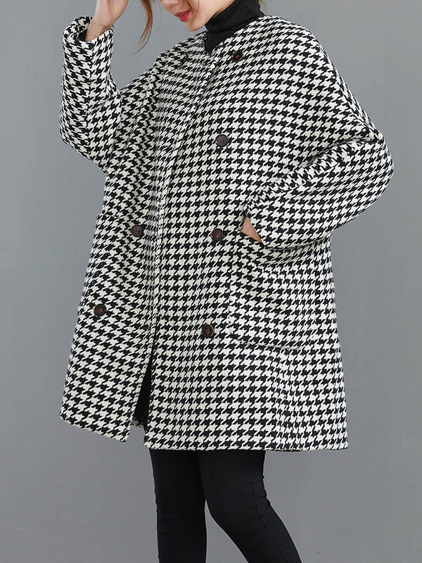xakxx Loose Houndstooth Buttoned Round-Neck Long Sleeves Woolen Coat