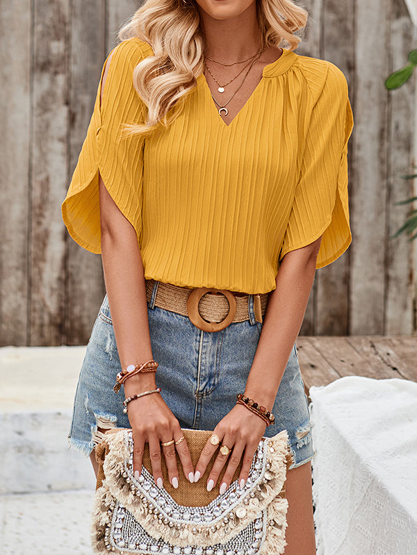 xakxx Loose Short Sleeves Hollow Pleated Solid Color V-Neck T-Shirts Tops