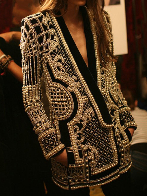 xakxx Original Creation Loose Long Sleeves Beads Printed V-Neck Blazer Outerwear