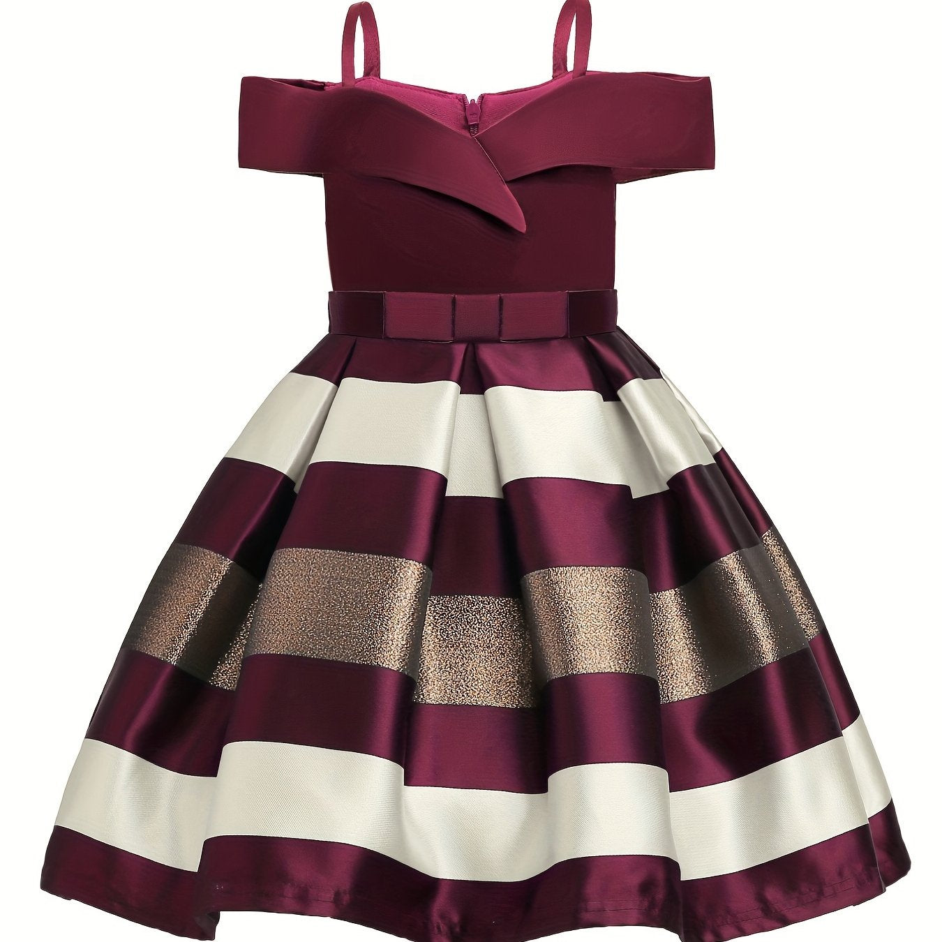 Knee-High Off-the-Shoulder Color Block Pleated Princess Dress for Girls - Sleeveless, Flared Hem, Cotton Lined, Non-Stretch Polyester Fabric, Hand Wash Only - Perfect for Piano Performance, Wedding, Birthday Party, and Evening Occasions
